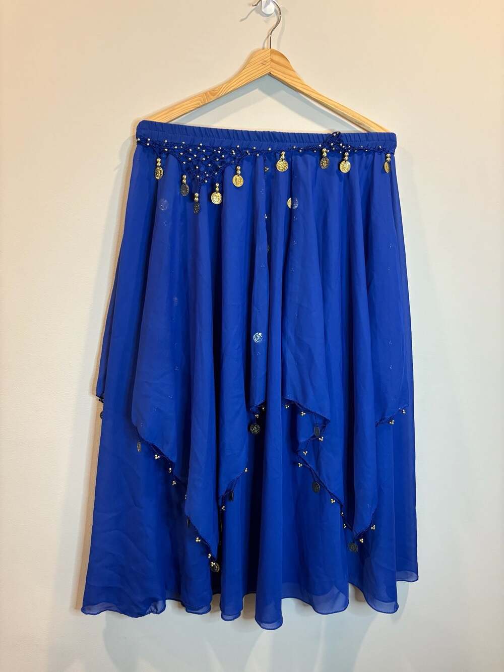 Royal Blue Chiffon Asymmetric Belly Dance Skirt with Gold Coin Trim